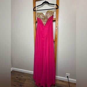 Beaded Pink Prom Dress with Orange Gold Sequins and Rhinestones